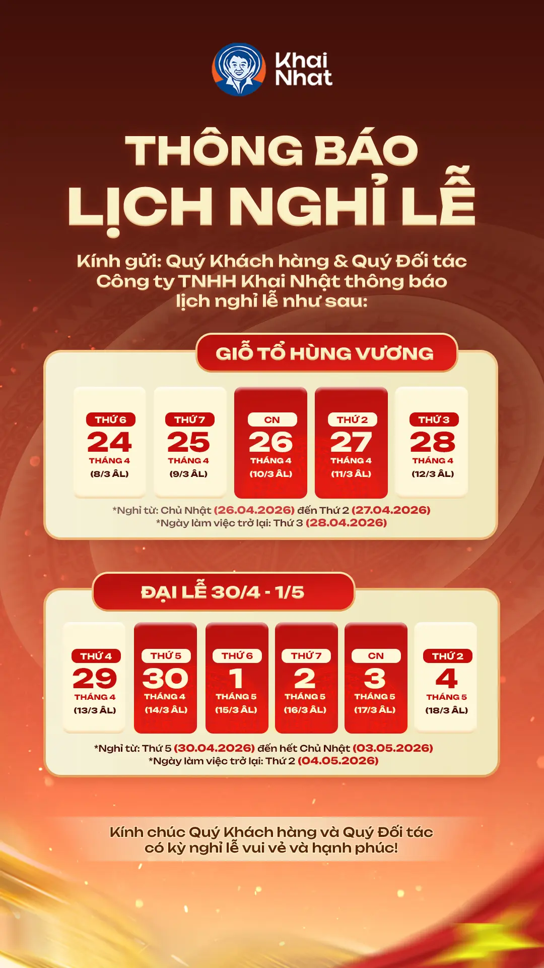 Thông báo nghỉ lễ 30/4 Khai Nhật mobile