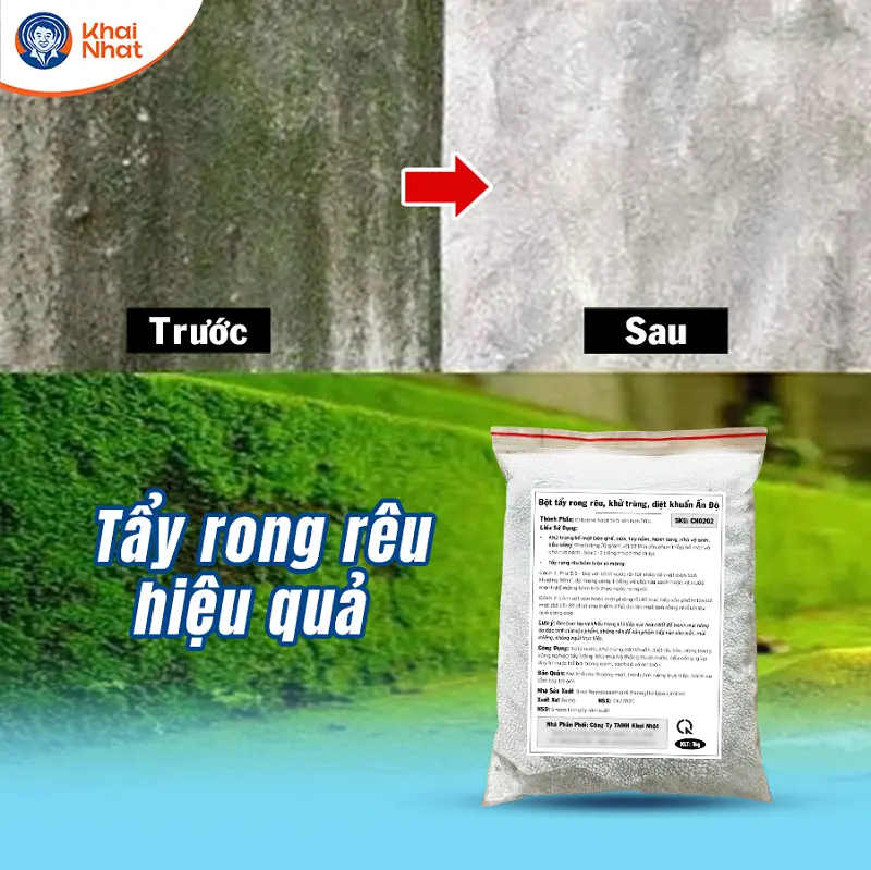 tẩy rong rêu trên nền xi măng bằng bột clo